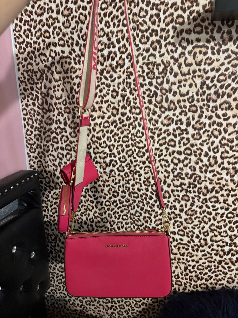Michael Kors Hot Pink Leather Crossbody with Branded Strap